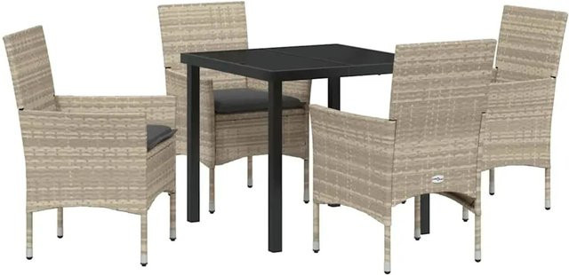 vidaXL Garten Essgruppe aus Poly Rattan und Glas in Hellgrau, 5-teilig mit Kissen - Bild 1