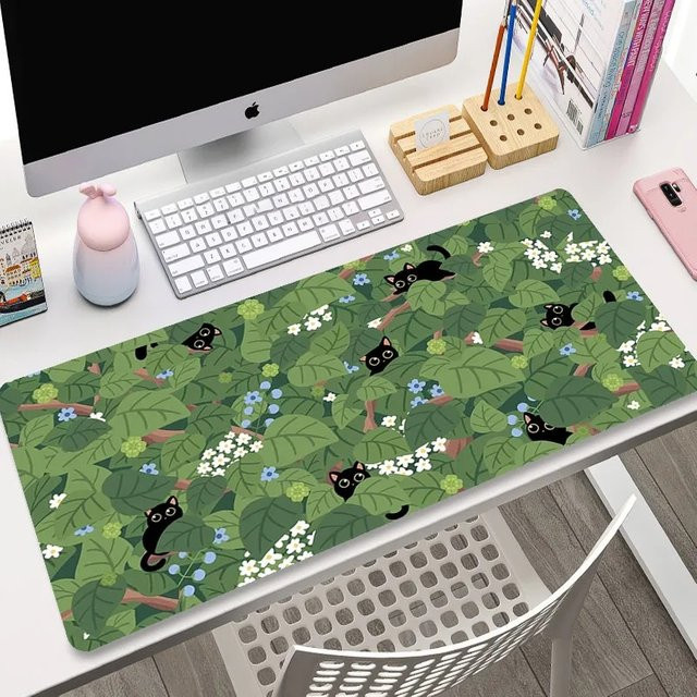 XGZ XXL Gamer Mauspad Anime Motiv Schwarze Katze und Pflanzen in Grün, B/B/H: 90 x 40 cm - Bild 1
