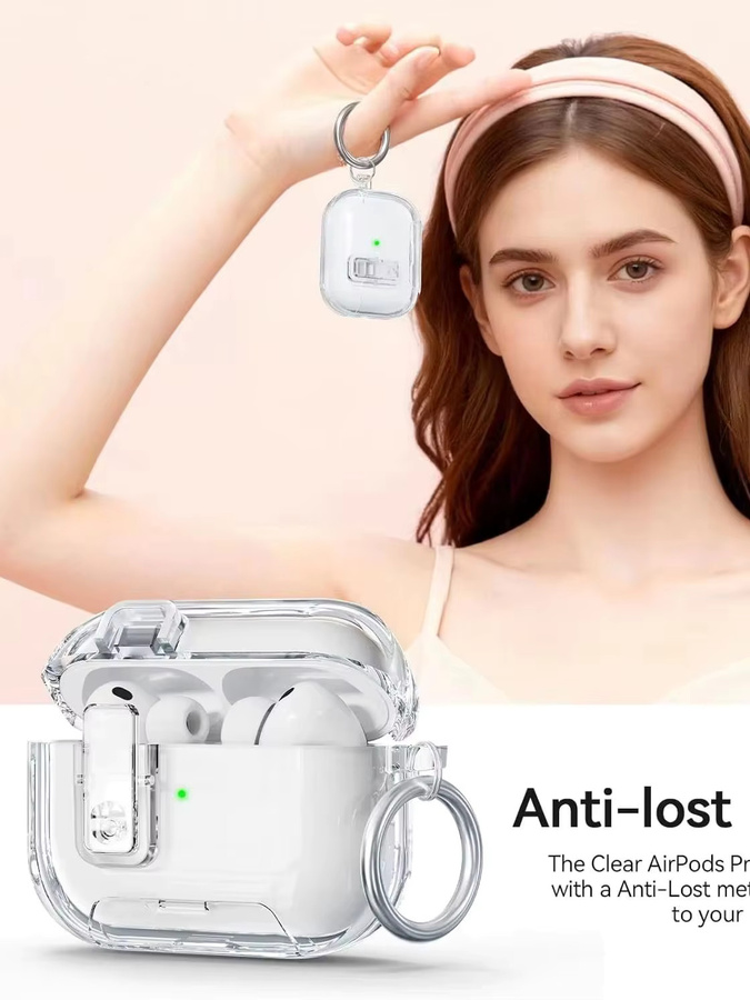 Transparente Schutzhülle für Apple AirPods Pro 3 (2025) mit sicherem Verschluss und integriertem Telefonständer - Bild 3