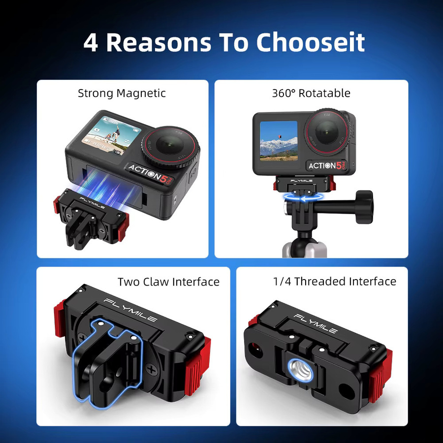 Flymile Action 5 Pro Magnetische Schnellwechselbasis mit Doppelklauen-Halterungsadapter und 1/4 Zoll Schraubenloch für DJI OSMO 360 Zubehör in Schwarz - Bild 2