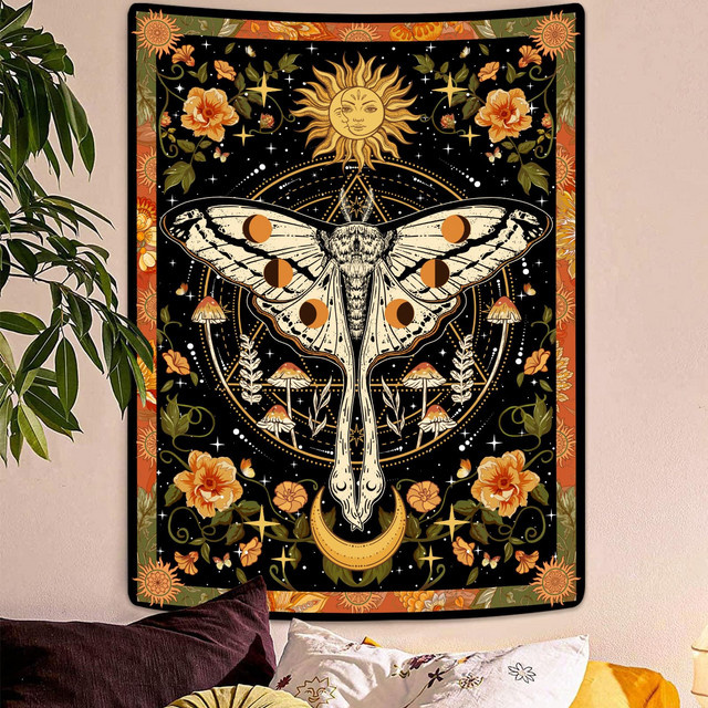 VIKAMA Retro-Wandteppich mit Motten- und Mandala-Motiv in Multicolour, ästhetische Wanddekoration mit geometrischem und abstraktem Design, B: 60 cm, H: 40 cm - Bild 1