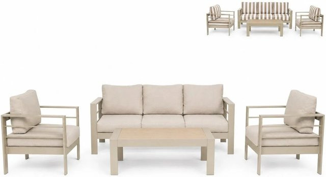 MeXo Gartenmöbel Set für 5 Personen aus Aluminium und WPC in Champagner mit gestreiften Ersatzkissenbezügen in Khaki - Bild 1