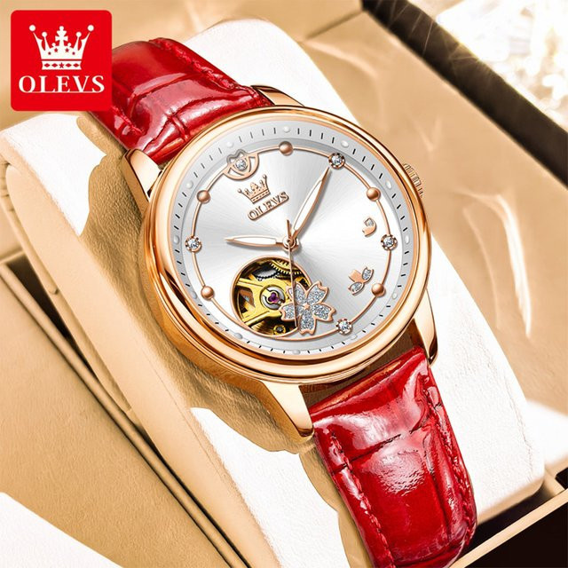 OLEVS Armbanduhr Automatik, Edelstahl, Leder, Diamantbesetzt, Damen - Bild 1