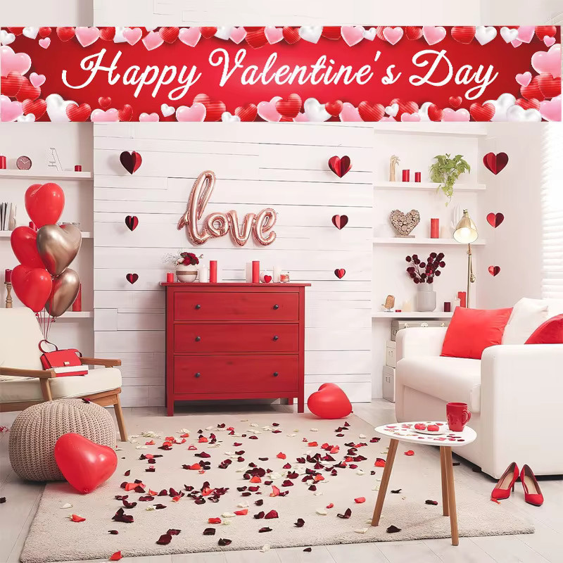 VIKAMA Valentinstag-Banner mit Herz-Design in Rot für Valentinstag und Hochzeitstag, hängender Hintergrund für Innen und Außen, Breite: 180 cm, Höhe: 35 cm - Bild 3
