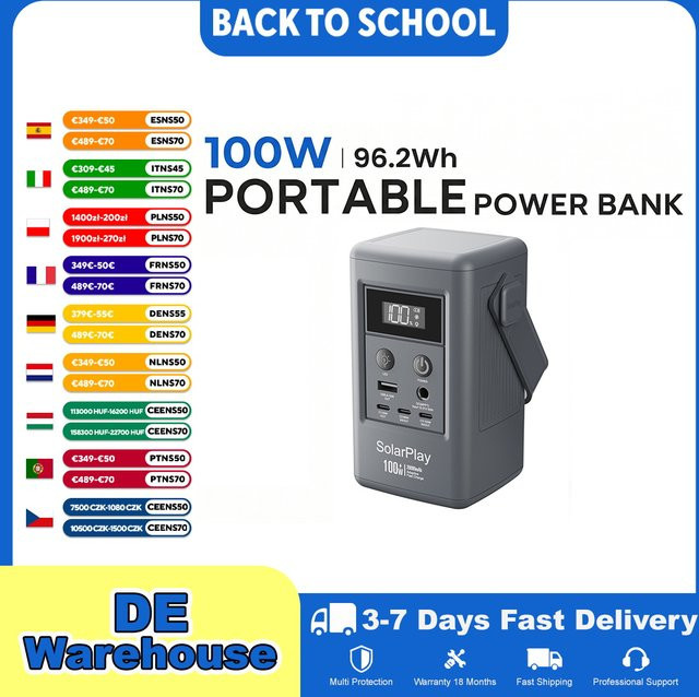 SOLARPLAY Q100 Tragbare Powerstation 25000mAh mit 96.2Wh Li-Ion-Akku, 100W USB-Ausgang, Grau - Bild 1