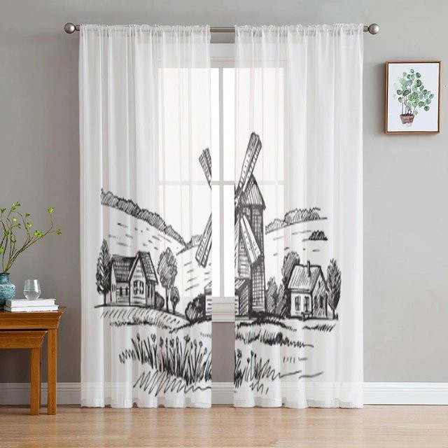 Transparentes Organza-Vorhang mit Grafik-Illustration von A Family Of Home Textiles, Farbe Weiß, B/H: 135 x 137 cm - Bild 1