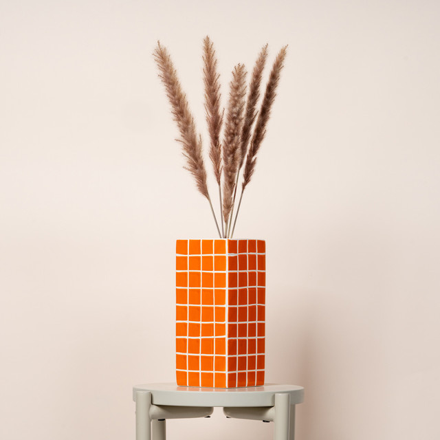 Keramikvase BLUME2000 in Orange mit Fliesenoptik im Retro-Stil, Höhe: 11,0 cm, Breite: 25,0 cm, Tiefe: 11,0 cm - Bild 1