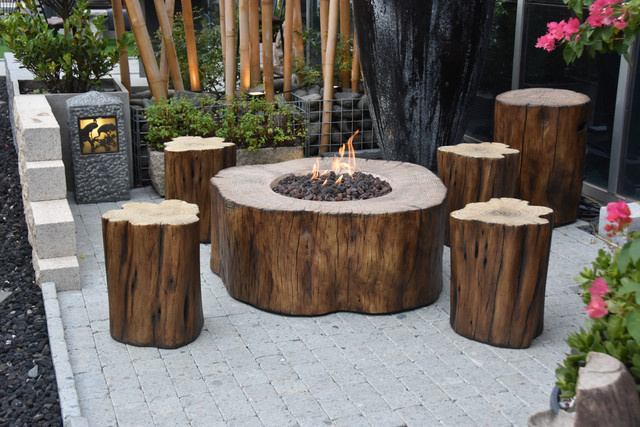 Elementi Gasfeuerstelle Manchester Set in Baumstamm-Optik, braun, aus Faserbeton mit Lavastein und Edelstahl - Bild 1
