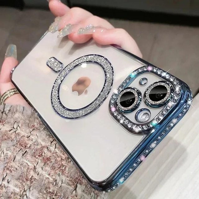 Luxus Bling Kristall Linsenfolie Hülle für Apple iPhone 15 16 14 13 12 11 Pro Max Plus mit MagSafe Magnetischem Kabellosem Laden in Transparent und Pink - Bild 1