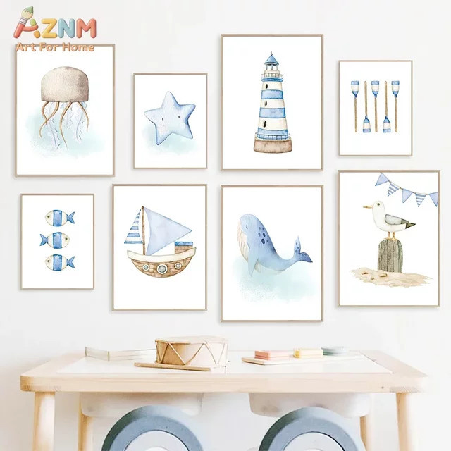 AZNM Aquarell-Ozean Leinwand-Wandkunst mit Wal, Leuchtturm und Segelboot für Kinderzimmer und Zuhause - Bild 1