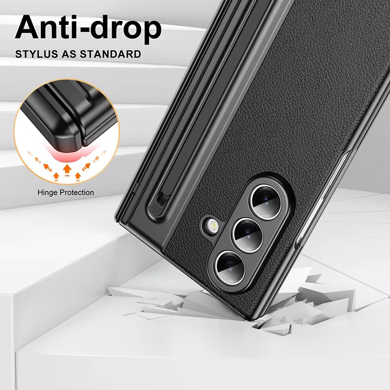 Samsung Galaxy Z Fold 8 7 6 5 4 3 Lederhülle mit Scharnierschutz, Touchpen und integriertem Displayschutz in Pink oder Black - Bild 5