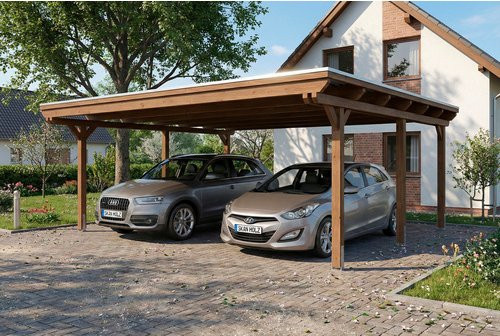 SKANHOLZ Carport Emsland aus Fichte mit Stahl-Dachplatten und Regenrinne, Farbe: Braun/Anthrazit, B/T: 609 x 604 cm - Bild 1