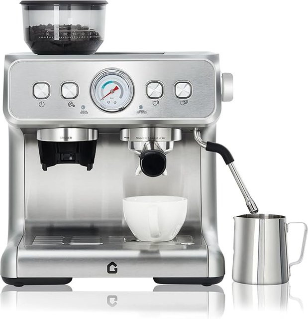 HiMISS Espressomaschine mit integriertem Mahlwerk und Milchaufschäumer, 15 Bar Siebträgermaschine aus Edelstahl in Silber mit abnehmbarem Wassertank und Dampfdüse - Bild 1