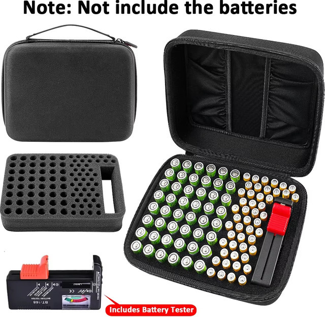 Batterie-Organizer Aufbewahrungstasche in Schwarz für insgesamt 96 Batterien (48 x AA und 48 x AAA) inklusive Batterietester und 2 Zubehörtaschen - Bild 1