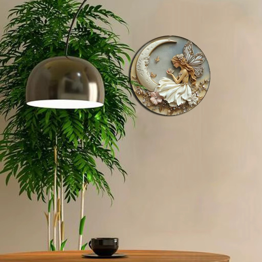 Rundes Wandkunstschild aus Metall von Potdemiel im Vintage-Design mit Fee und Mond, Mehrfarbig, Durchmesser: 20 cm - Bild 5