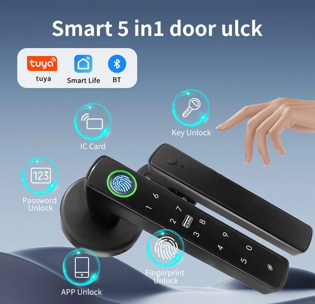Tuya Smart Türschloss 5-in-1 Elektronisches Schloss mit Fingerabdruck, Passwort, Schlüsselkarte und App-Steuerung in Schwarz - Bild 1