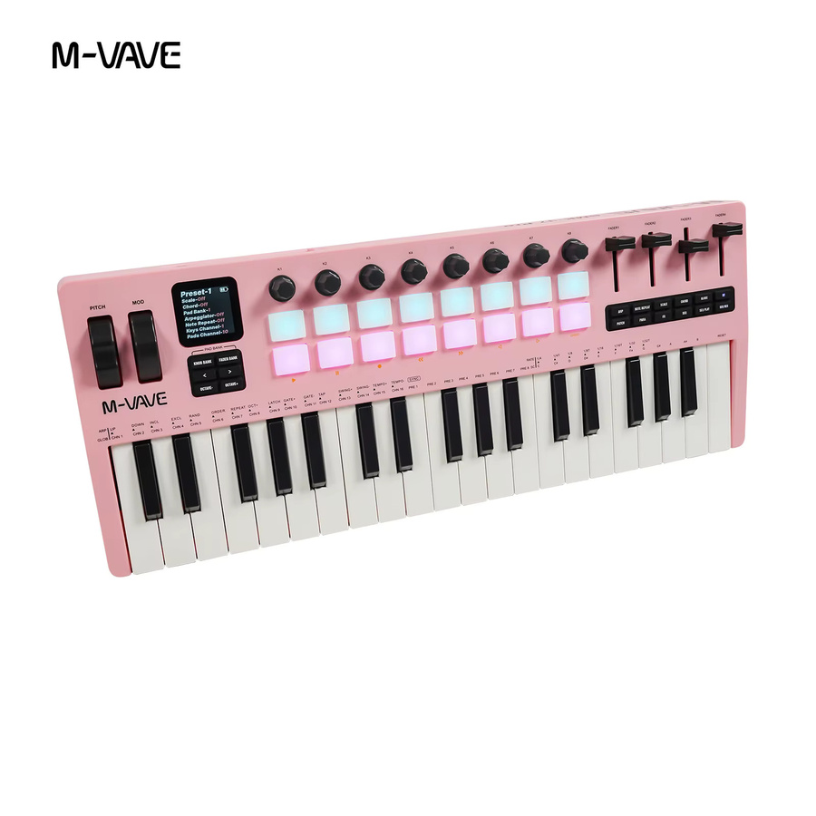 M-VAVE SMK-37 PRO MIDI-Controller in Pink mit 37 Tasten, 16 RGB-Pads und eingebautem Synthesizer - Bild 2