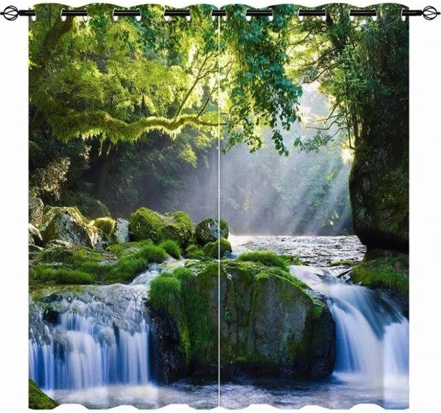 Verdunkelungsvorhänge Wald Wasserfall von A Family Of Home Textiles mit Naturmotiv, 2er-Set, Mehrfarbig, Breite: 65 cm, Höhe: 165 cm - Bild 1