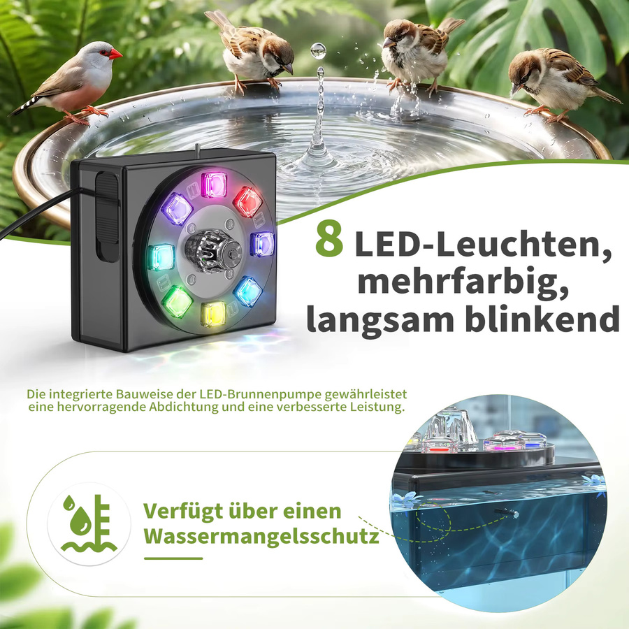 Forever Speed Solarbrunnen für den Außenbereich mit Akku und LED in Schwarz, Solar Springbrunnen für Garten, Teich und Vogelbad mit 8W und 100L/H Wassersprühhöhe - Bild 5