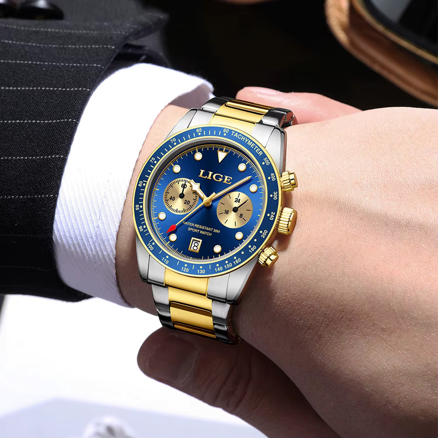 LIGE Armbanduhr, Quarz, Edelstahl, Bicolor, Blau, Herren - Bild 3