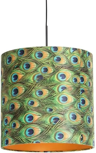 QAZQA Hängelampe mit Veloursschirm im Pfauen-Design, Farbe: Gold/Mehrfarbig, Durchmesser: 40 cm, E27, dimmbar - Bild 1