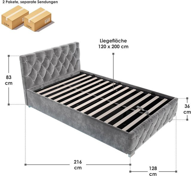 Juskys Polsterbett Nizza Chesterfield mit LED-Beleuchtung und Bettkasten, Samtbezug mit Steppung, Grau, B: 120 cm, T: 250 cm, H: 200 cm - Bild 1