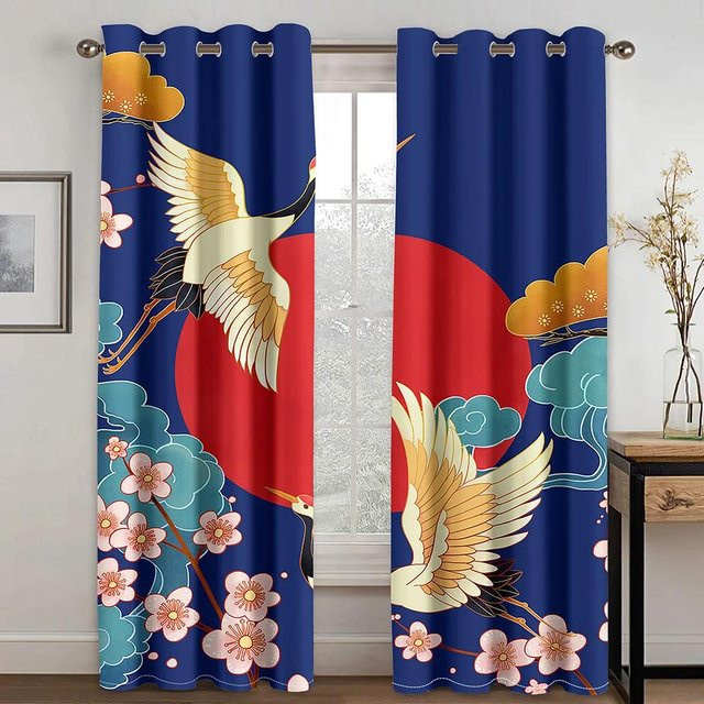 Yiran Furniture Japanische Noren Vorhänge mit Kran-Motiv in Blau, 2er-Set, semi-transparent, B: 55 cm, H: 120 cm - Bild 1