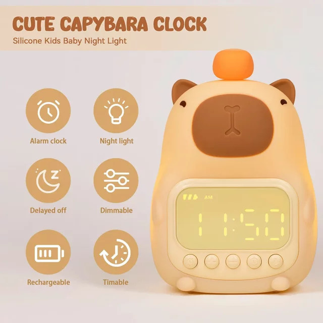 Vacamm Capybara LED Nachtlicht aus Silikon mit digitalem Wecker, dimmbar und wiederaufladbar, warmweißes Tischlicht für Kinder - Bild 1