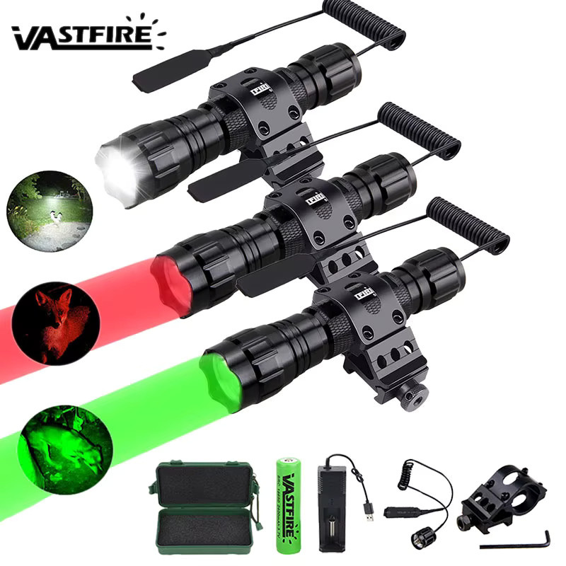 VASTFIRE Taktische LED Taschenlampe mit RGB-Licht (Weiß, Rot, Grün) inklusive Zielfernrohr-Halterung, Schalter, 18650 Akku und USB-Ladegerät - Bild 2
