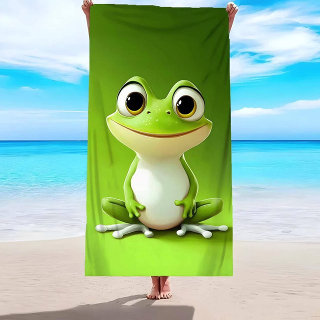 Sandabweisendes und saugfähiges Strandtuch mit Frosch-Cartoon-Motiv von JMG Household Supplies, Farbe: Grün, B/T: 70 x 140 cm - Bild 1