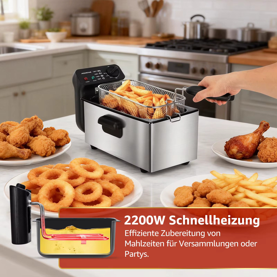 Aigostar Fritteuse aus Edelstahl mit transparentem Deckel, 2200 W, 3 l, Silber - Bild 5