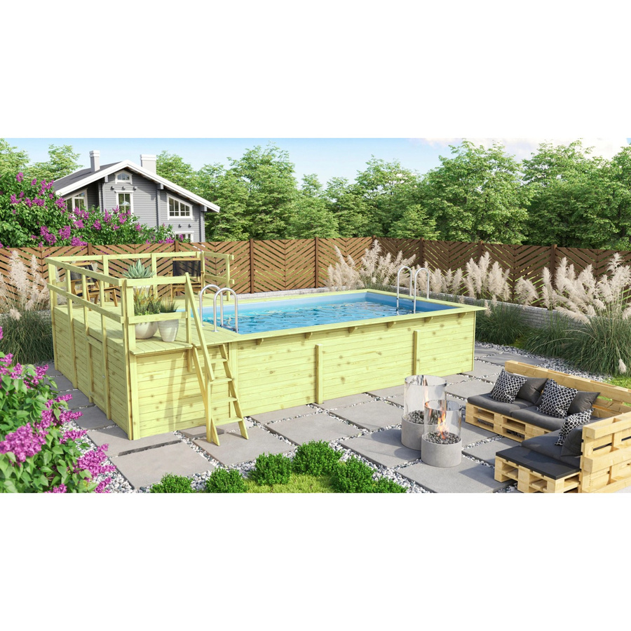 Karibu Massivholzpool rechteckig in Braun mit 2 Sonnenterrassen B/H: 490,5 x 125 cm - Bild 2