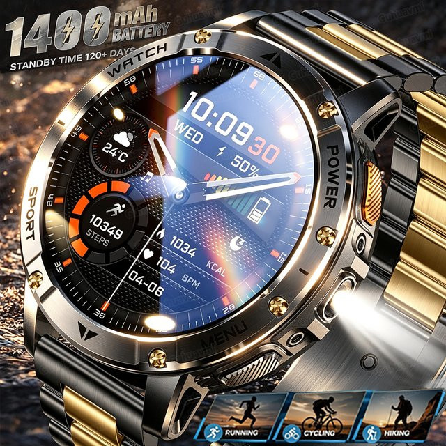 GUHUAVMI Taktische Sport-Smartwatch mit 1,7 Zoll Display, 1400mAh Akku, Herzfrequenzmessung, Taschenlampe und 5ATM Wasserdichtigkeit, Schwarz-Orange - Bild 1