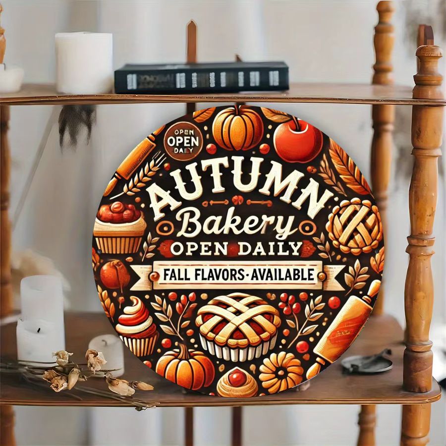 Potdemiel Rundes Metallschild Autumn Harvest Bakery mit Kürbissen, Äpfeln und Zimtstangen, Durchmesser: 20,32 cm - Bild 5