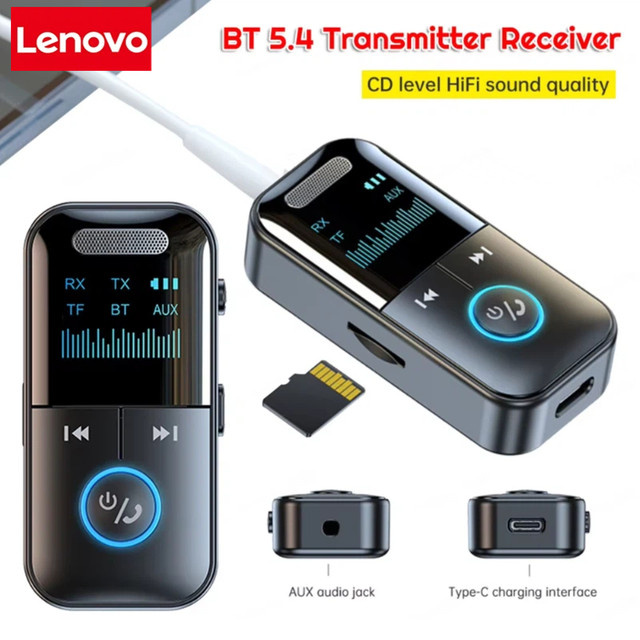 Lenovo Bluetooth 5.4 Audio-Adapter Schwarz mit 3,5 mm Klinkenanschluss und LED-Anzeige als Sender und Empfänger für Auto, Stereoanlage und Kopfhörer - Bild 1