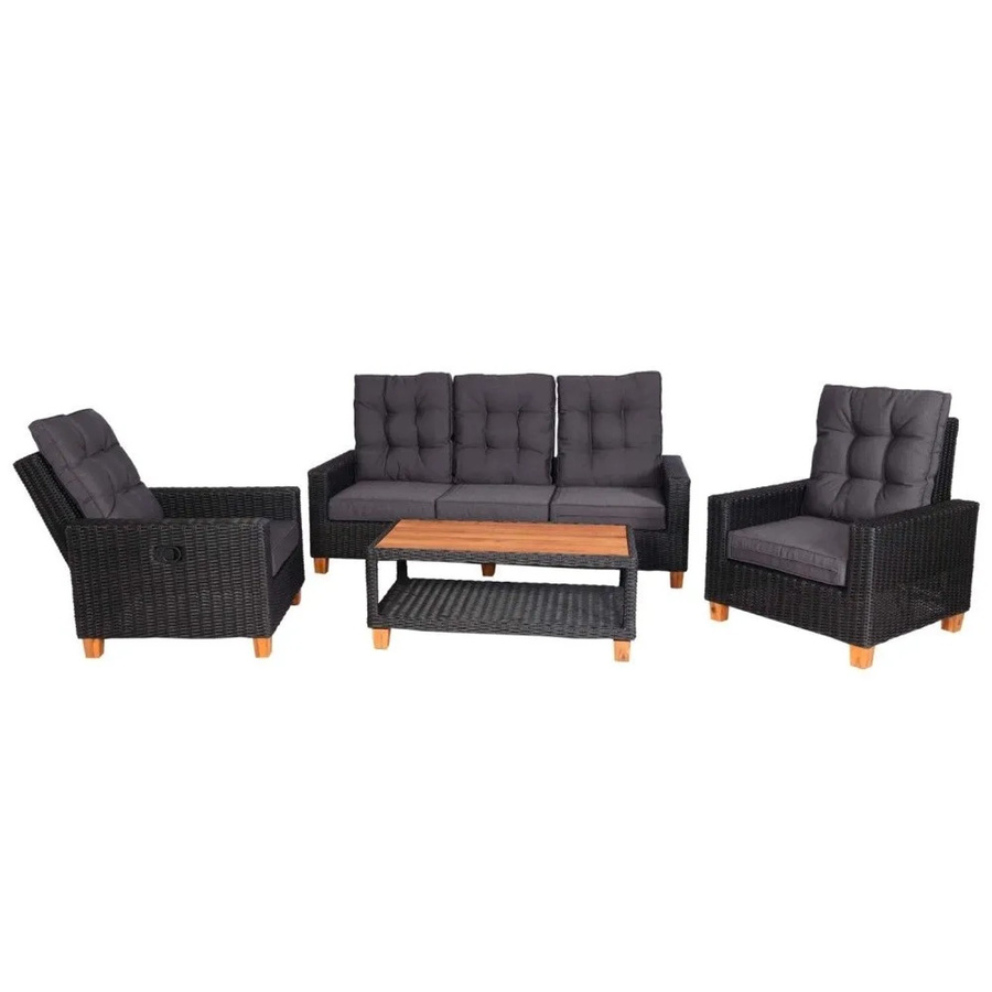 MCW Gartengarnitur G28 Lounge-Set aus Akazie-Holz und Rattan in Anthrazit mit grauen Kissen - Bild 3