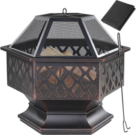 Gardebruk Feuerstelle Feuerkorb sechseckig in Schwarz aus Stahl mit Zubehör, H x B x T: 70 x 62,5 x 60,5 cm
