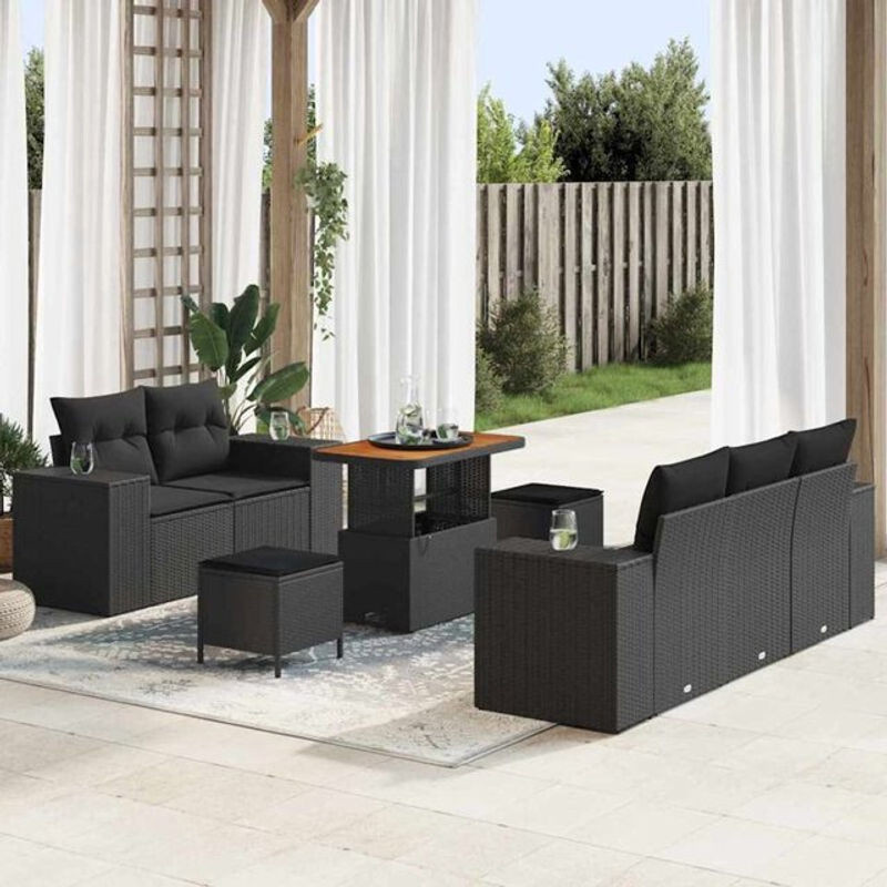 Vidaxl Garten-Sofa-Set mit 8 Kissen in Schwarz, modernes modulares Rattan-Set mit Metallgestell, B/T/H: 90 x 55 x 71 cm - Bild 1