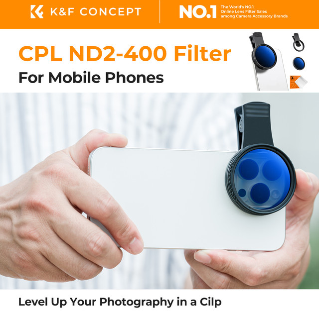 K&F CONCEPT ND-Objektivfilter-Set für Smartphone-Kameras, Clip-on Filter mit stufenloser ND 2-400 Verstellung von 1 bis 9 Blendenstufen, Schwarz, 52 mm - Bild 1