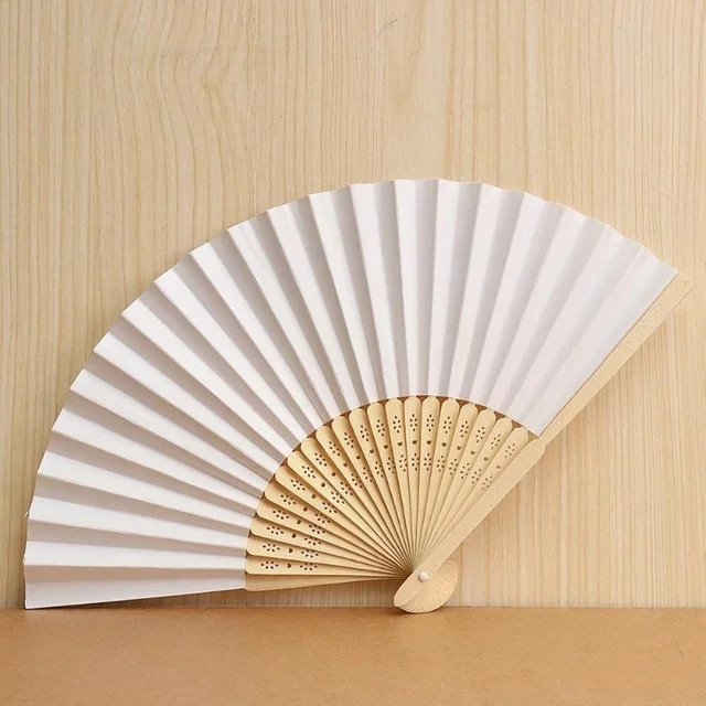 Faltbare Handfächer aus weißem Papier mit Bambus-Holzgriff für Hochzeiten, Partys und DIY-Dekorationen - Bild 1