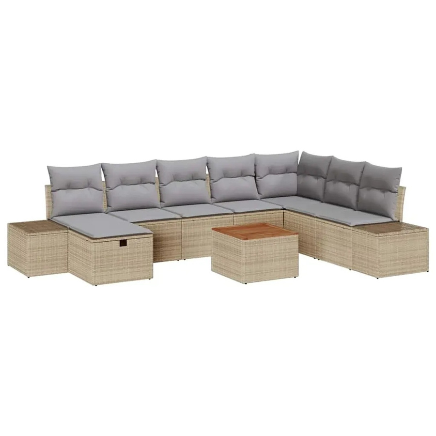 vidaXL Garten-Sofa-Set aus Polyrattan in Beige, 9-teiliges L-Shape Lounge-Set mit Kissen, Ottomane und Couchtisch inklusive integriertem Stauraum - Bild 2