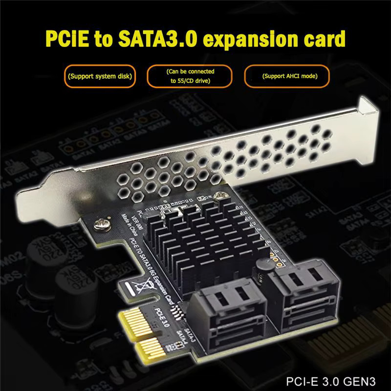 SATA III PCIe-Erweiterungskarte mit 4 Ports und Asm1064-Chip für 6 Gbit/s SSD-Festplatten, RAID-Controller für PCI-E 1X, Schwarz - Bild 2