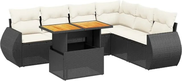 vidaXL 7-teilige L-Shape Garten-Sofagarnitur aus Poly-Rattan und Akazienholz in Schwarz mit Kissen - Bild 1
