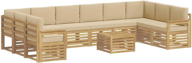 vidaXL Outdoor-Sofagarnitur 8-teilig in L-Form aus Akazienholz mit Polstern, Weiß und Beige, B/T/H: 59 x 59 x 37 cm - Bild 1
