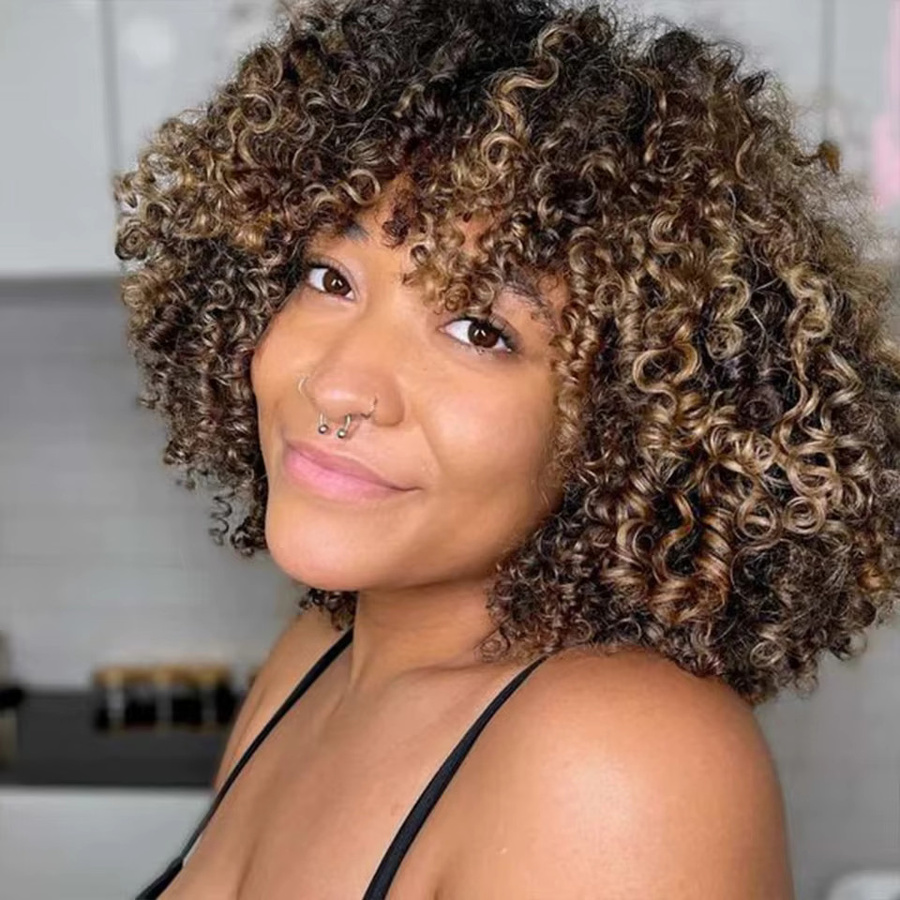 Rebecca Youth Afro-Perücke, braunes lockiges Echthaar mit Pony, Unisex - Bild 3