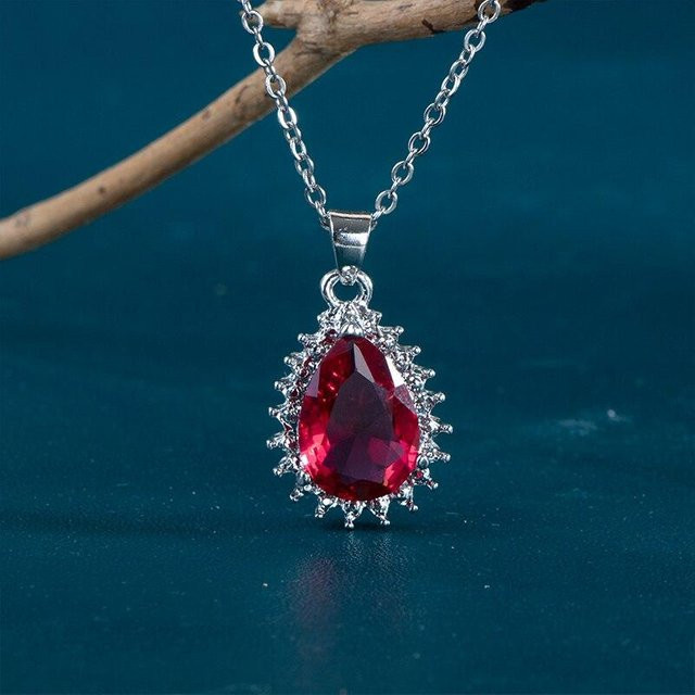 POMOiii Halskette, Birne Geformt, Zirkonia, Silber, Rot, Damen, 45cm - Bild 1
