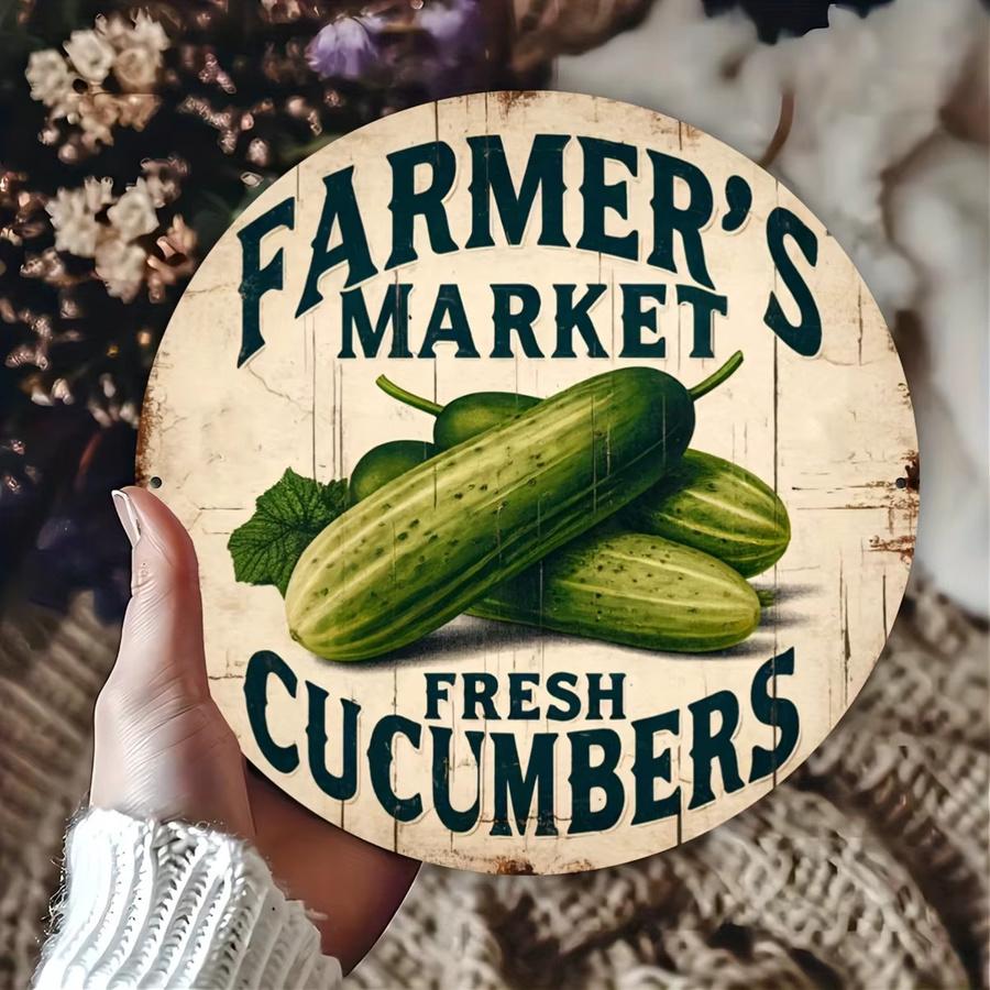 Potdemiel Rundes Aluminiumschild Farmer's Market Fresh Cucumbers Vintage Wandkunst Metall, Durchmesser: 19,81 cm, Mehrfarbig - Bild 2