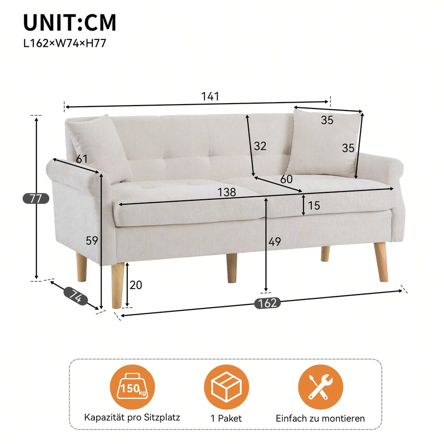 KOMHTOM 2-Sitzer Sofa aus Stoff mit 2 Kissen in Grau - Bild 2