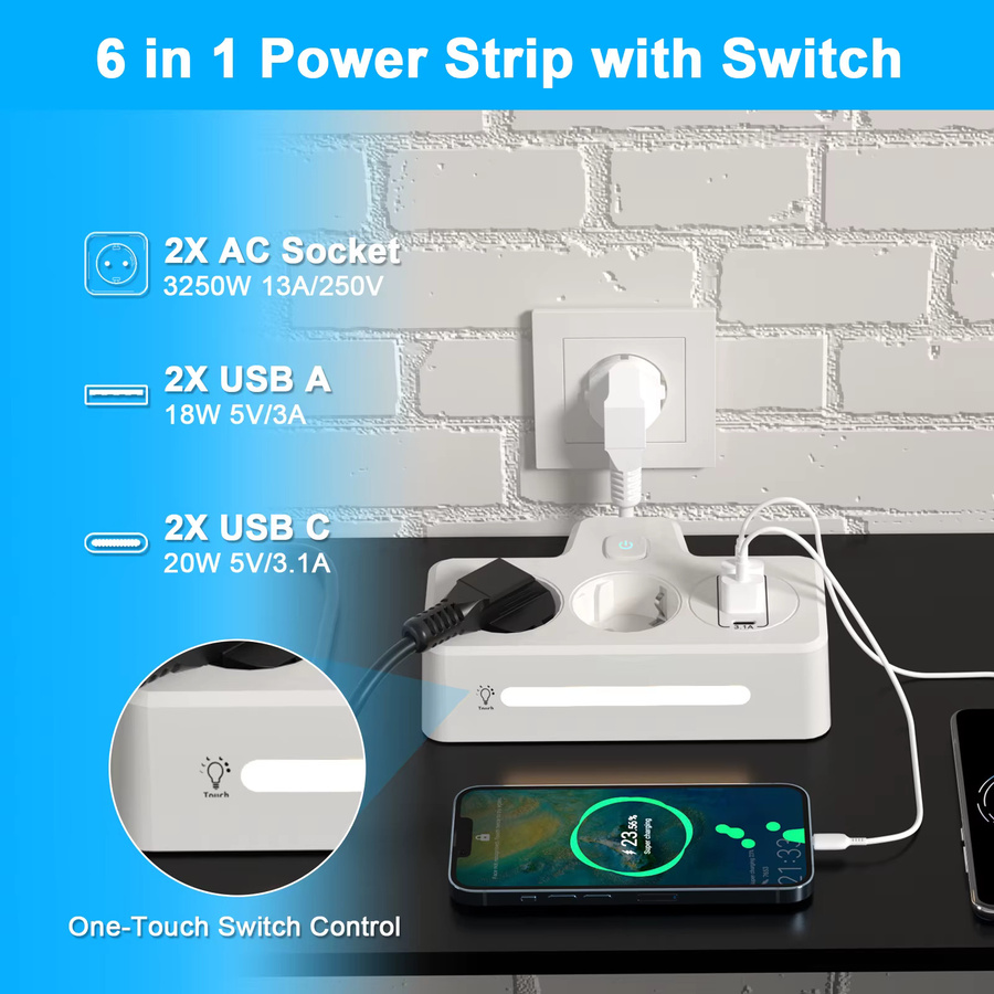 HITRENDS EU-Steckdosenleiste in Weiß mit Nachtlicht, Mehrfachsteckdose mit 2 USB-A und 2 USB-C Anschlüssen, Wandsteckdosenadapter für Büro und Zuhause - Bild 1