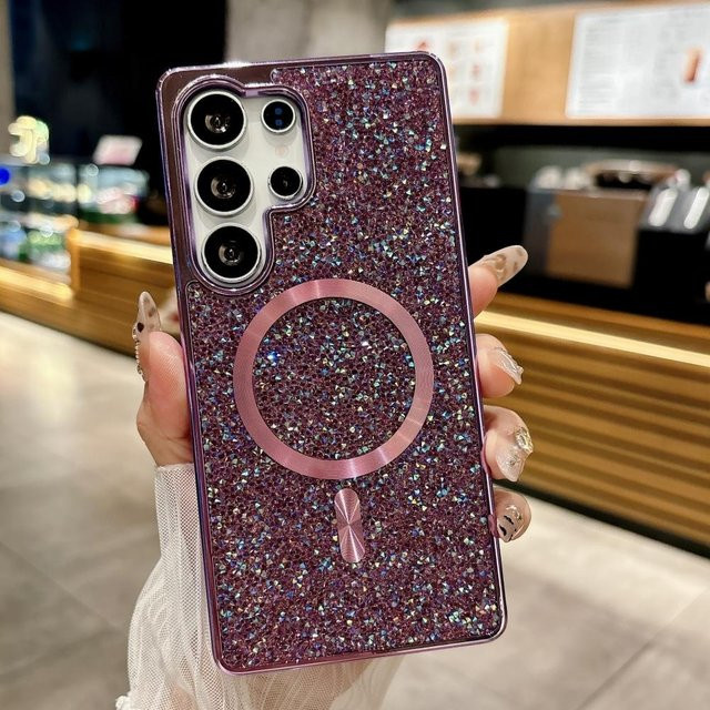 Luxuriöse Glitzernde Strasssteine Diamant Hülle für Samsung Galaxy S25 S24 S23 Ultra und S25 Plus mit Magnetischer Kabelloser Ladefunktion, Stoßfest, Farben: Schwarz, Pink, Lila, Grau, Silber - Bild 1